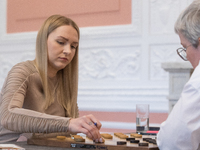 Tamara Tansykkuzhina (R) and Natalia Sadowska during Checker World Championship match in Warsaw, Poland, on May 1, 2021. (