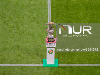 The trophy on display before at MOL Hungarian CUP Final 2021 match between Fehervár and Ujpest at Puskás Aréna on May 03, 2021 in Budapest,...