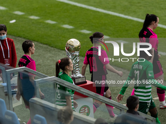The players walk-out to the field before the match at Hungarian Women CUP Final 2021 at New Hidegkuti Nándor Stadium on May 05, 2021 in Buda...