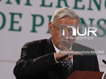 Mexico’s President Andres Manuel Lopez Obrador, gesticulating while speaks during a daily  briefing conference at National Palace on May 5,...