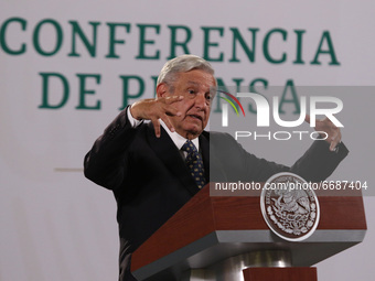 Mexico’s President Andres Manuel Lopez Obrador, gesticulating while speaks during a daily  briefing conference at National Palace on May 5,...