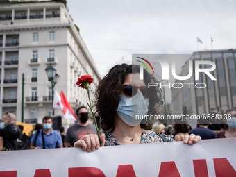 Demonstration by members of workers unions for the May 1st Strike in Syntagma Square in Athens, Greece on May 6, 2021. (