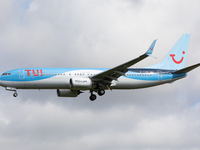 A TUI Airways Boeing 737 lands at Newcastle Airport, England on 6th May as the airline ramps up training flights in preparation for the lifi...