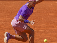 Rafael Nadal of Spain in action during round of 16, against Alexei Popyrin of Australia on the ATP Masters 1000 - Mutua Madrid Open 2021 at...