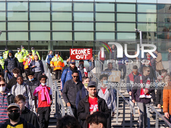 Arsenal fans protest against Stan Kroenke's ownership of the club outside the Emirates Stadium, London on Thursday 6th May 2021  (