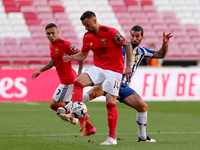Haris Seferovic of SL Benfica (C ) vies with Sergio Oliveira of FC Porto (R ) during the Portuguese League football match between SL Benfica...