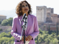 The Minister of Finance, Maria Jesus Montero, during a visit to the Albaicin neighborhood in Granada, Spain with a view of the Alhambra monu...