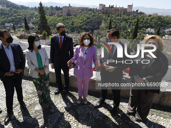 The Minister of Finance, Maria Jesus Montero, during a visit to the Albaicin neighborhood in Granada, Spain with a view of the Alhambra monu...