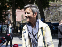 Executive Vice President of the European Commission for A Europe Fit for the Digital Age, Margrethe Vestager takes off her protective mask t...