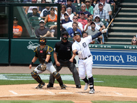 Detroit Tigers' Miguel Cabrera flies out to Pittsburgh Pirates' Gregory Polanco in the first inning of a baseball game in Detroit, Michigan...