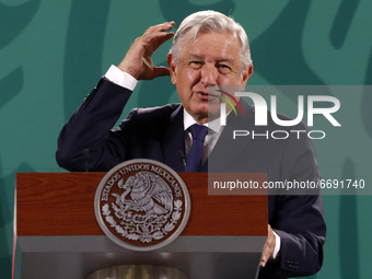 Mexican President Andres Manuel Lopez Obrador meet with the media during his daily morning news conference at National Palace. on May 7, 202...