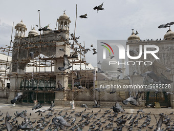 Pigeons fly over deserted Hazratbal mosque during Covid-19 lockdown on the last friday of Ramadan in Srinagar, Indian Administered Kashmir o...