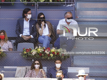 Sandra Gago and Feliciano Lopez attended the 2021 ATP Tour Madrid Open tennis tournament singles quarter-final match at the Caja Magica in M...