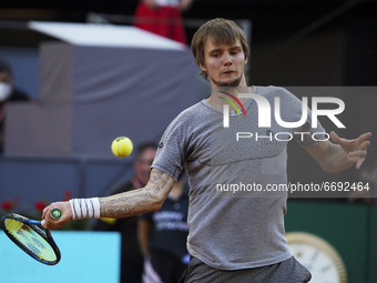 Alexander Bublik of Kazakhstan in action during their Quarter Final match against Casper Ruud of Norway during Day Nine of the Mutua Madrid...