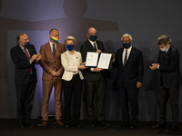 Charles Michel, Ursula Von der Leyen President of the European Commission and Prime Minister Antonio Costa at the Closing ceremony and signa...