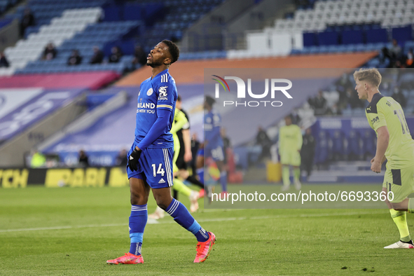 Kelechi Iheanacho of Leicester City looks dejected after a missed chance during the Premier League match between Leicester City and Newcastl...