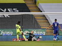 Allan Saint-Maximin of Newcastle United shoots just wide of the target during the Premier League match between Leicester City and Newcastle...