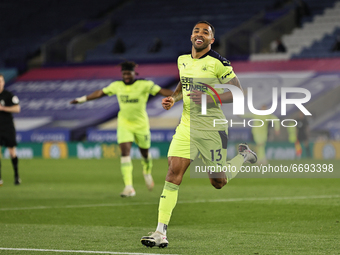 Callum Wilson of Newcastle United celebrates after scoring his sides third goal of the match during the Premier League match between Leicest...