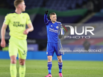 Jamie Vardy of Leicester City gestures during the Premier League match between Leicester City and Newcastle United at the King Power Stadium...
