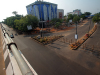 Roads of the busiest places in the daily market area of the eastern Indian state odisha's capital city Bhubaneswar looks deserted due to loc...