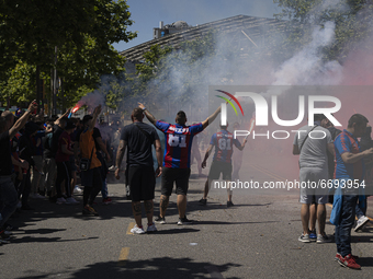 The Boixos Nois (ultras of FC Barcelona) at access 4 to Camp Nou on Saturday, May 8, 2021, awaiting the arrival of the players for the Leagu...