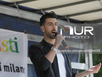Riccardo Pirrone is seen at Demonstration in favor of DDL Zan which aims to protect verbal and physical aggression towards homosexuals and d...