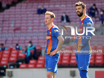 Frenkie de Jong and Gerard Pique during the match between FC Barcelona and Club Atletico Madrid, corresponding to the week 35 of the Liga Sa...
