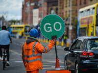 A member of a traffic management team seen in Dublin city center during the final days of the COVID-19 lockdown. 
On Saturday, 8 May 2021, i...