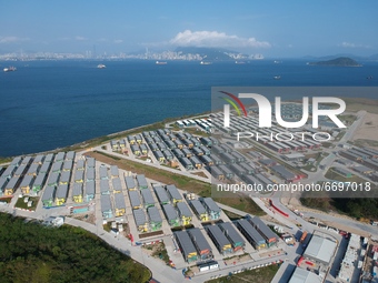 (This Photo is Taken on a Drone) In This Aerial Photograph shows The Quarantine Centre at Pennys Bay on Lantau Island in Hong Kong, Saturday...