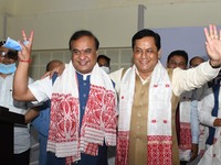 BJP’s Chief Minister designated  Himanta Biswa Sarma  being greeted by former Assam Chief Minister Sarbananda Sonowal after being elected pa...