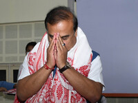 BJP’s Chief Minister designated  Himanta Biswa Sarma after being elected party's Legislative party leader during a BJP Legislative party mee...