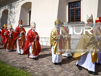Bishops attend the ceremony commemorating St. Stanislaus at Church on the Rock in Krakow, Poland on May 9, 2021. Each year on the first Sund...