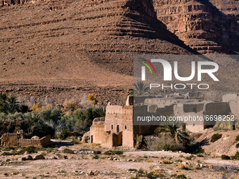 Old kasbah along the Ziz Gorges in the Ziz Valley of the High Atlas Mountains in Morocco, Africa. The Ziz Gorges are a series of gorges in M...