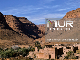 Old kasbah along the Ziz Gorges in the Ziz Valley of the High Atlas Mountains in Morocco, Africa. The Ziz Gorges are a series of gorges in M...