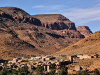 Small Berber village by the Ziz Gorges in the Ziz Valley of the High Atlas Mountains in Morocco, Africa. The Ziz Gorges are a series of gorg...