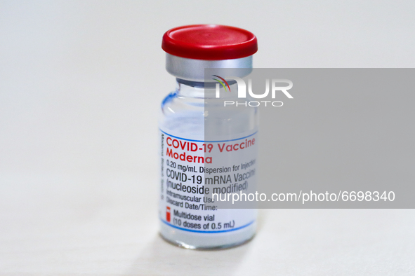 A vial of Moderna vaccine is seen on the first day of the opening of the new Covid-19 Vaccination point at Tauron Arena Krakow. Krakow, Pola...