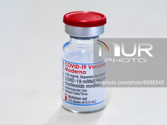 A vial of Moderna vaccine is seen on the first day of the opening of the new Covid-19 Vaccination point at Tauron Arena Krakow. Krakow, Pola...