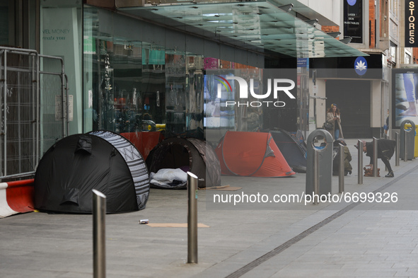 A view of a rough sleeper's tents outside a closed shop on Henry Street in Dublin city center during the final days of the level five COVID-...