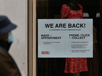 A sticker 'We Are Back' seen in a shop window in Dublin center during the final days of the COVID-19 lockdown. 
On Sunday, 9 May 2021, in Du...