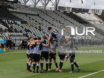 Players of PAOK team celebrate the first goal of the game. Soccer match between PAOK v Aris for the Play-off of Super League Greece, in Toum...