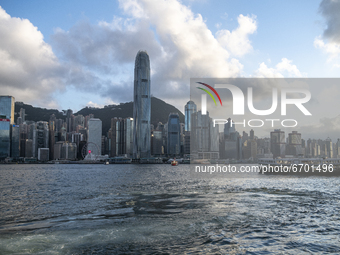 A Star Ferry Boat Sails pass the Hong Kong City Skyline in Hong Kong, Monday, May 10, 2021. (