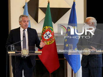 Portuguese Prime Minister Antonio Costa (R ) and Argentina's President Alberto Fernandez give a joint statement to the press after their mee...