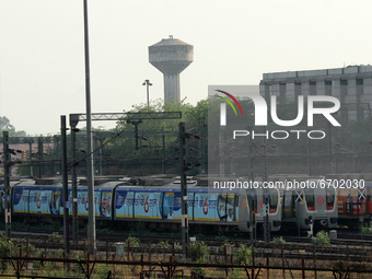Delhi Metro trains are seen at a parking bay in Timarpur depot during the extended week long lockdown put in place to curb the spread of cor...