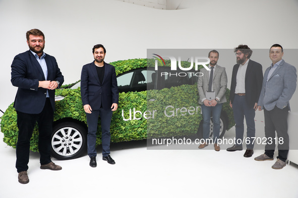 Ashkan Kebriti (second left), General Manager for Central & Eastern Europe at Uber, during press conference introducing Uber Green service i...
