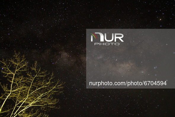 The night view of the Milky way is seen in the tourist area of mount Salak, North Aceh, on May 11, 2021, Aceh Province, Indonesia.
 