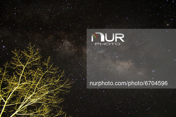 The night view of the Milky way is seen in the tourist area of mount Salak, North Aceh, on May 11, 2021, Aceh Province, Indonesia.
 