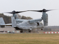 A US Navy Marines MV-22 Osprey Helicopter aircraft takes off at Leuchars Air Station, Scotland on Monday 10th May 2021.  (