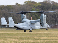 A US Navy Marines MV-22 Osprey Helicopter aircraft takes off at Leuchars Air Station, Scotland on Monday 10th May 2021.  (