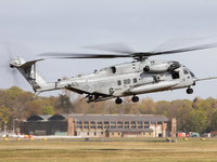 A United States Navy Marine CH53 Sea Stallion Helicopter takes off at Leuchars Air Station, Scotland  on Monday 10th May 2021.  (