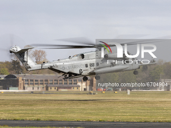 A United States Navy Marine CH53 Sea Stallion Helicopter takes off at Leuchars Air Station, Scotland  on Monday 10th May 2021. (